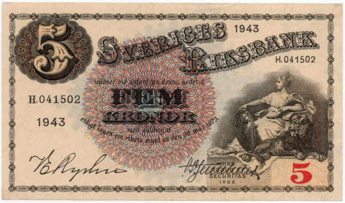 Банкнота Швеция 5 Крон 1943 год UNC P-33z