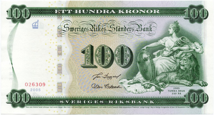 Банкнота Швеция 100 крон 2005 г. 250 лет Шведской компании Тумба Брук P-68 UNC 