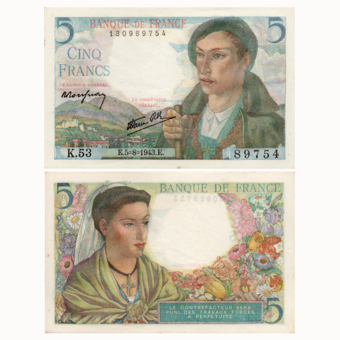 5 Франков 1943 года - Франция P-98a UNC
